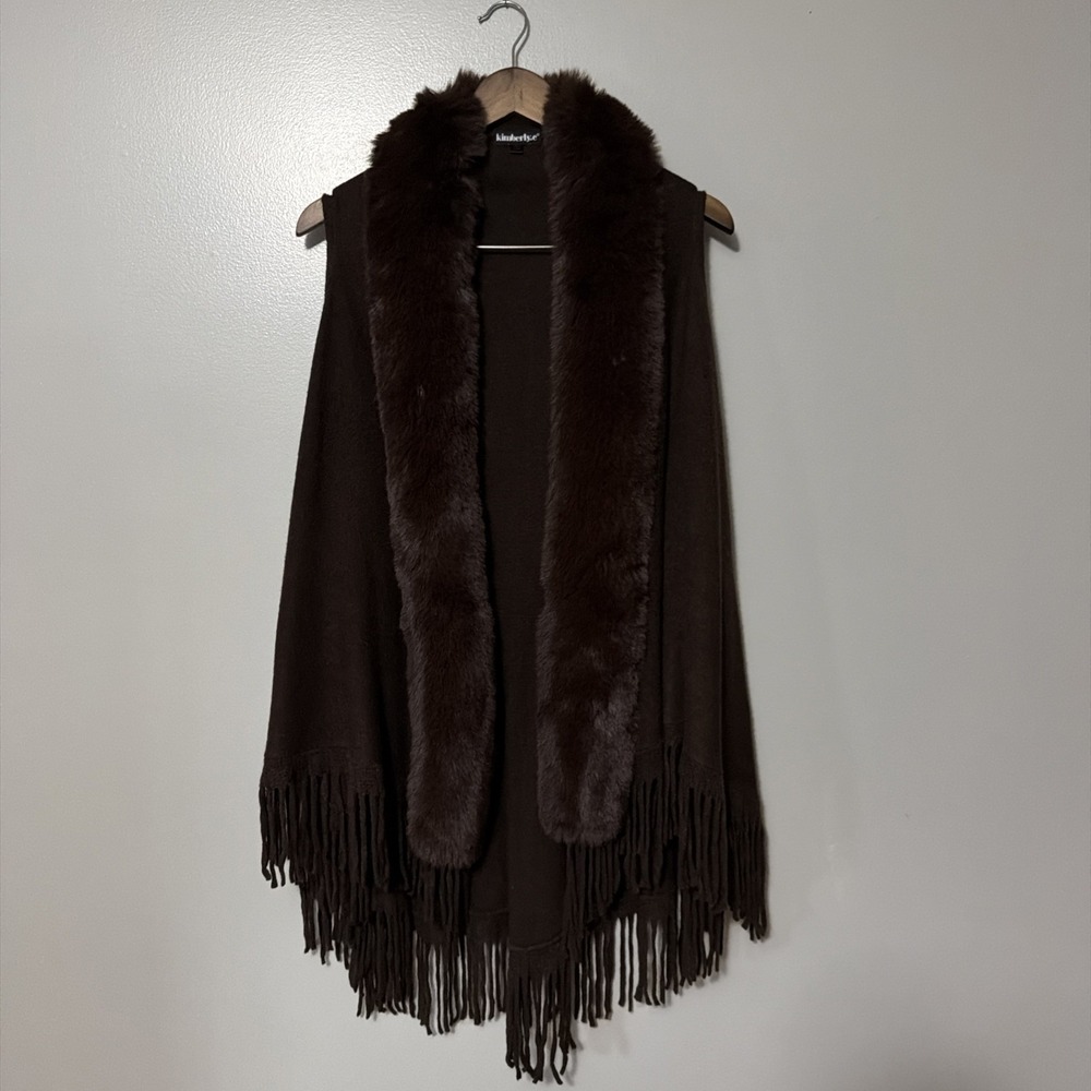Kimberly.c Sweater Vest Fur Collar Fridge Chocolate Brown Asymmetrical Hem Boho